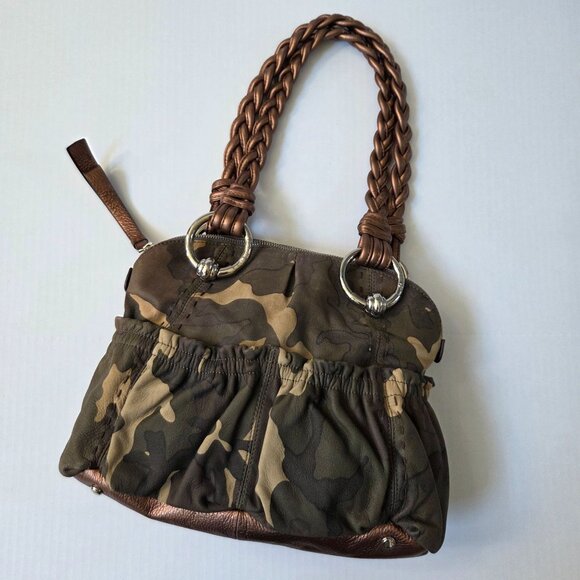 B Makowsky Purse Caroline Green Tan Camo Leather Satchel Shoulder Bag - Picture 2 of 16